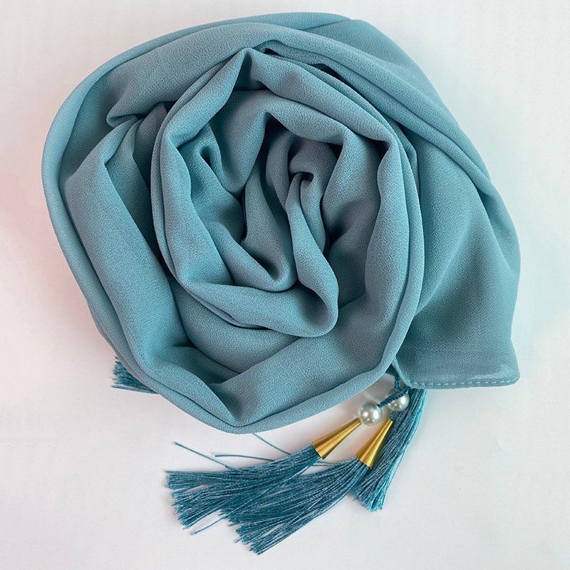 Chiffon Arabic style Teal Scarf with Silk Tassels and Pearls