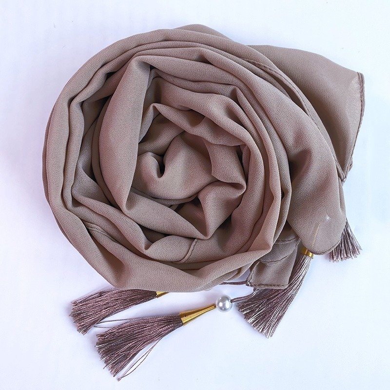 Chiffon Arabic style Tan Scarf with Silk Tassels and Pearls