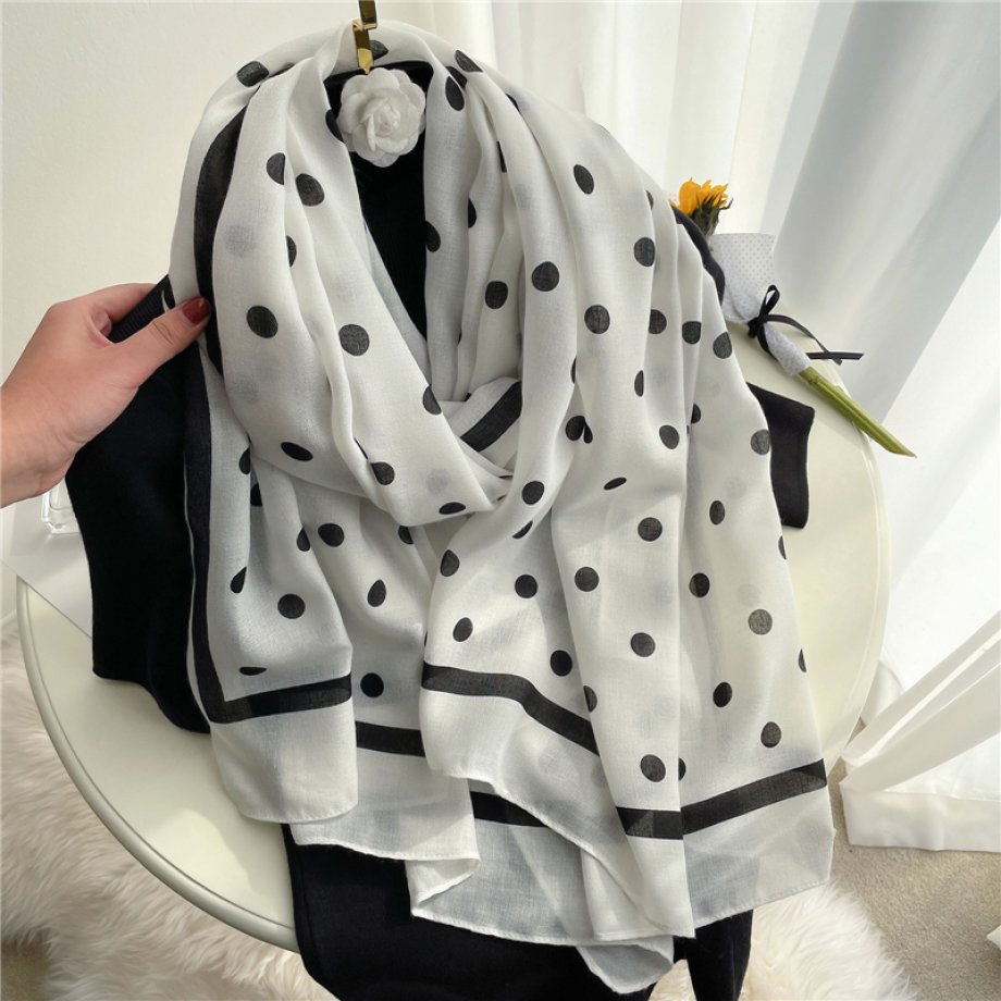 Polka Dot White Viscose Printed Luxury Scarf
