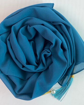 Chiffon Arabic style Neptune Blue Scarf with Silk Tassels and Pearls