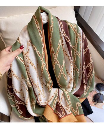Green Brown Beige with Chain Design Viscose Printed Luxury Scarf