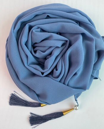 Chiffon Arabic style Dusty Blue Scarf with Silk Tassels and Pearls
