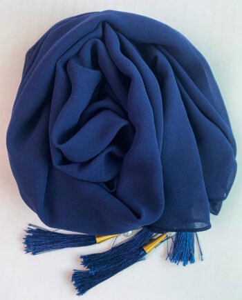 Chiffon Arabic style Navy Blue Scarf with Silk Tassels and Pearls
